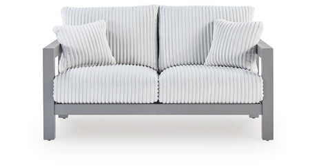 Hurley Park Gray Outdoor Loveseat with Cushion from Ashley Furniture - Luna Furniture