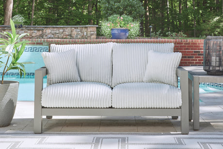 Hurley Park Outdoor Sofa and Loveseat with Coffee Table and 2 End Tables in Gray from Ashley Furniture - Luna Furniture