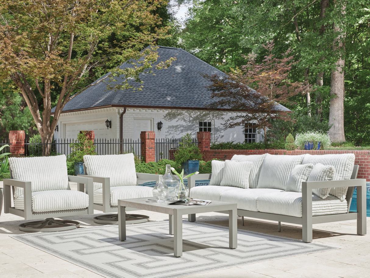 Hurley Park Outdoor Sofa and 2 Chairs with Coffee Table in Gray from Ashley Furniture - Luna Furniture