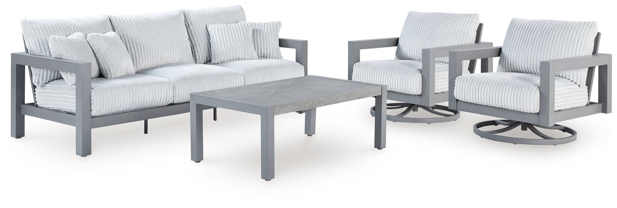 Hurley Park Gray Outdoor Sofa, 2 Lounge Chairs and Coffee Table from Ashley Furniture - Luna Furniture