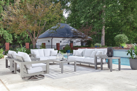 Hurley Park Outdoor Sofa and Loveseat with Coffee Table in Gray from Ashley Furniture - Luna Furniture