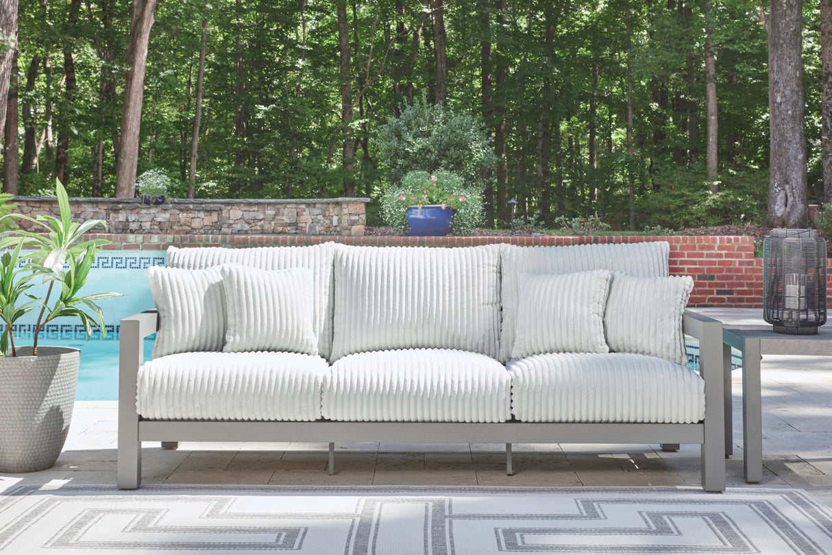 Hurley Park Gray Outdoor Sofa, 2 Lounge Chairs and Coffee Table from Ashley Furniture - Luna Furniture