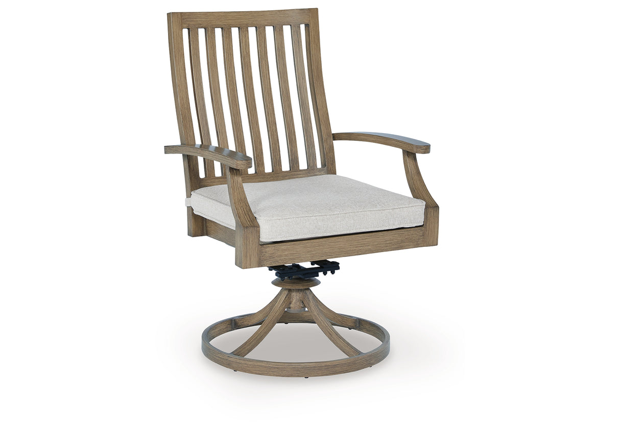 Rainier Ranch Brown/Beige Outdoor Swivel Chair with Cushion (Set of 2) from Ashley Furniture - Luna Furniture