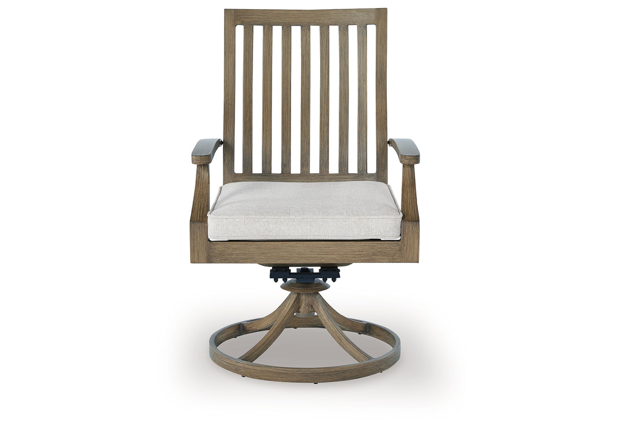Rainier Ranch Brown/Beige Outdoor Swivel Chair with Cushion (Set of 2) from Ashley Furniture - Luna Furniture