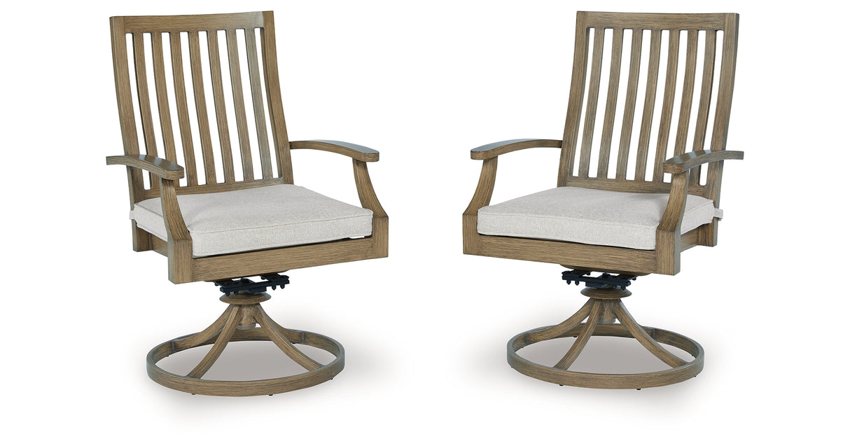 Rainier Ranch Brown/Beige Outdoor Swivel Chair with Cushion (Set of 2) from Ashley Furniture - Luna Furniture
