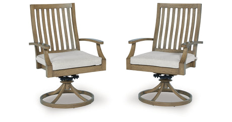 Rainier Ranch Brown/Beige Outdoor Swivel Chair with Cushion (Set of 2) from Ashley Furniture - Luna Furniture