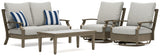 Rainier Ranch Outdoor Loveseat and 2 Chairs with Coffee Table in Brown/Beige from Ashley Furniture - Luna Furniture