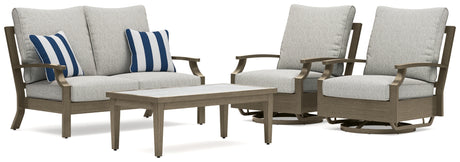 Rainier Ranch Outdoor Loveseat and 2 Chairs with Coffee Table in Brown/Beige from Ashley Furniture - Luna Furniture