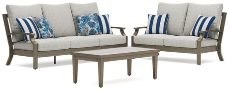 Rainier Ranch Outdoor Sofa and Loveseat with Coffee Table in Brown/Beige from Ashley Furniture - Luna Furniture