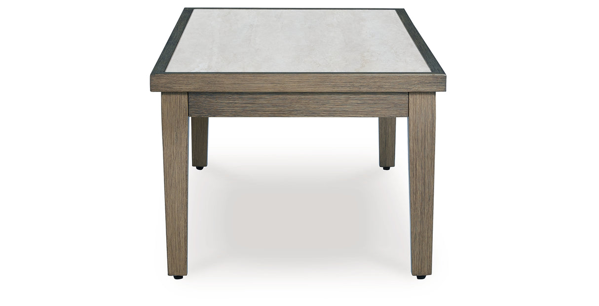 Rainier Ranch Outdoor Loveseat and 2 Chairs with Coffee Table in Brown/Beige from Ashley Furniture - Luna Furniture
