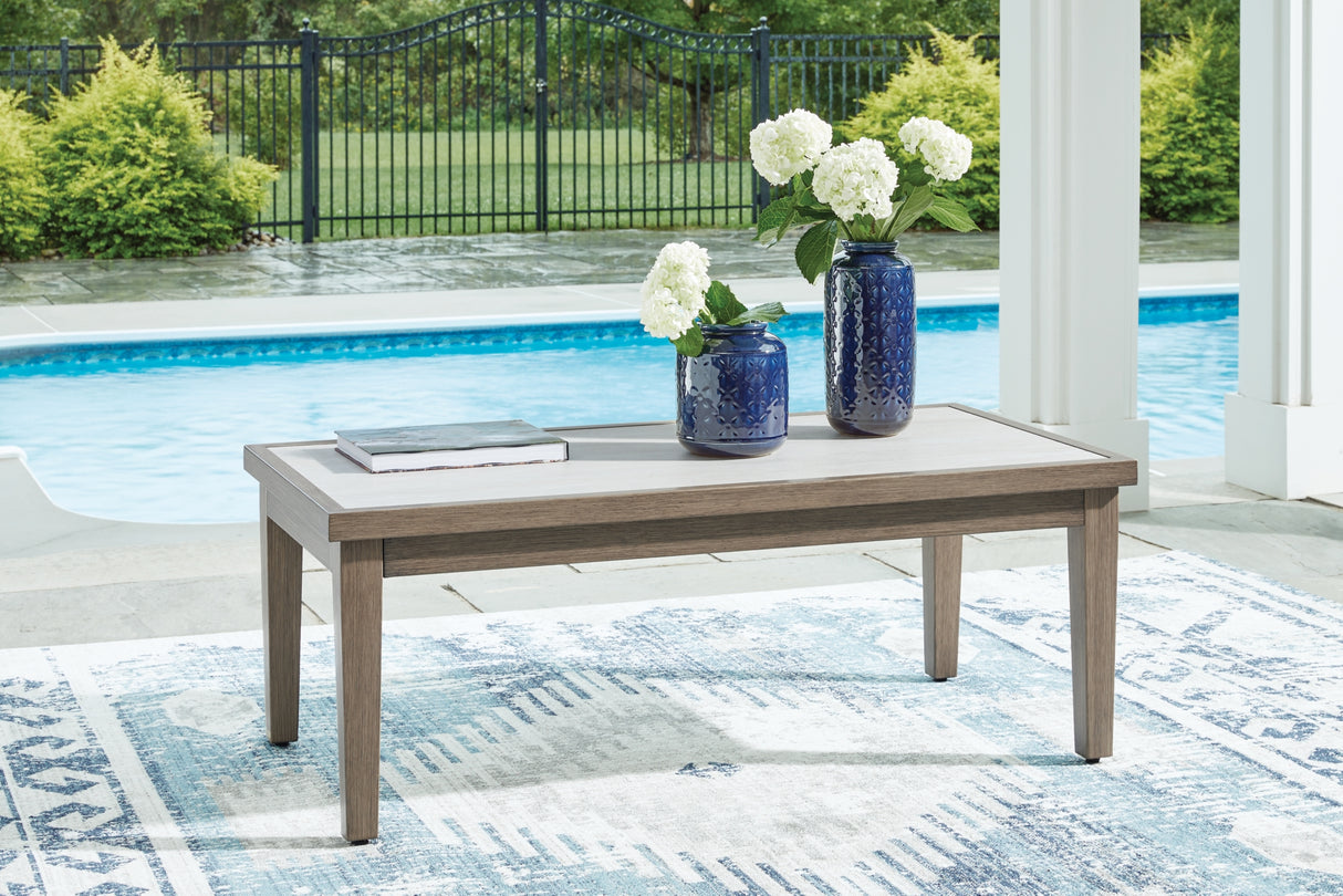 Rainier Ranch Outdoor Sofa and 2 Chairs with Coffee Table in Brown/Beige from Ashley Furniture - Luna Furniture