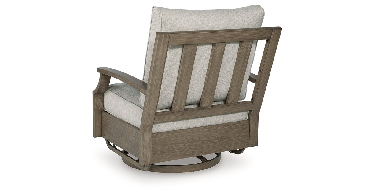 Rainier Ranch Outdoor Loveseat and 2 Chairs with Coffee Table in Brown/Beige from Ashley Furniture - Luna Furniture