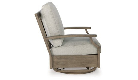 Rainier Ranch Outdoor Loveseat and 2 Chairs with Coffee Table in Brown/Beige from Ashley Furniture - Luna Furniture