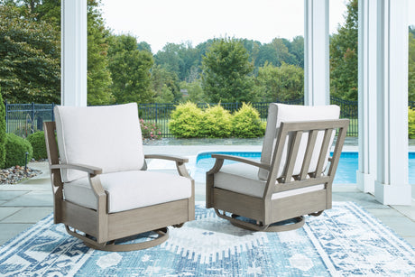 Rainier Ranch Outdoor Loveseat and 2 Chairs with Coffee Table in Brown/Beige from Ashley Furniture - Luna Furniture
