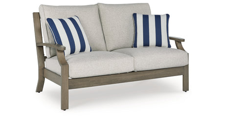 Rainier Ranch Outdoor Sofa and Loveseat with Coffee Table in Brown/Beige from Ashley Furniture - Luna Furniture