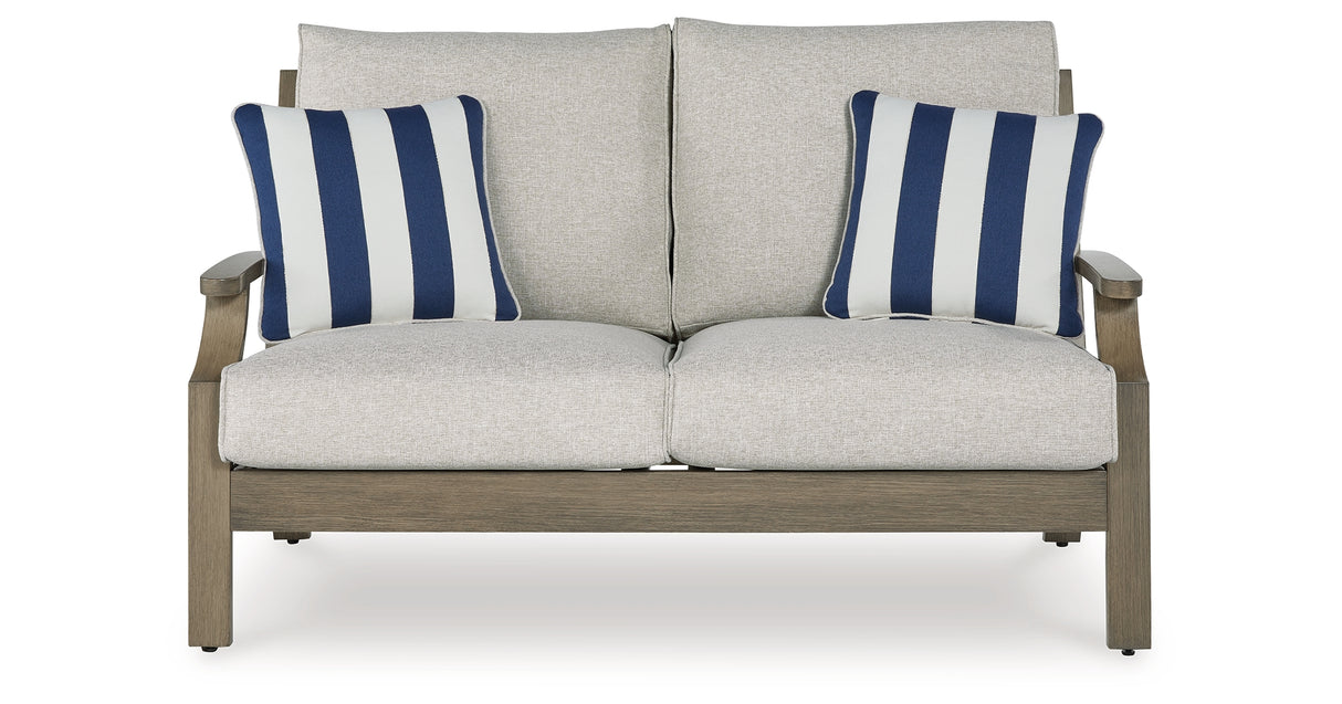 Rainier Ranch Outdoor Loveseat and 2 Chairs with Coffee Table in Brown/Beige from Ashley Furniture - Luna Furniture