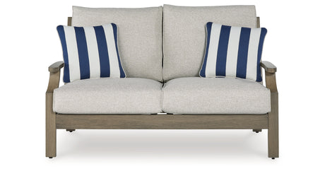 Rainier Ranch Outdoor Loveseat and 2 Chairs with Coffee Table in Brown/Beige from Ashley Furniture - Luna Furniture