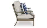 Rainier Ranch Outdoor Loveseat and 2 Chairs with Coffee Table in Brown/Beige from Ashley Furniture - Luna Furniture