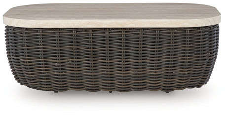 Kimora Beige/Dark Brown Outdoor Coffee Table from Ashley Furniture - Luna Furniture