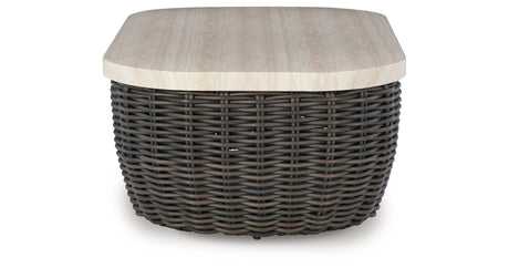 Kimora Beige/Dark Brown Outdoor Coffee Table from Ashley Furniture - Luna Furniture