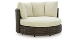 Kimora Beige/Dark Brown Outdoor Swivel Lounge Chair with Cushion from Ashley Furniture - Luna Furniture