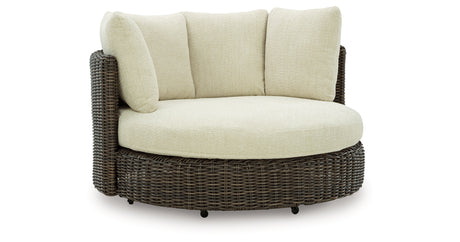 Kimora Beige/Dark Brown Outdoor Swivel Lounge Chair with Cushion from Ashley Furniture - Luna Furniture