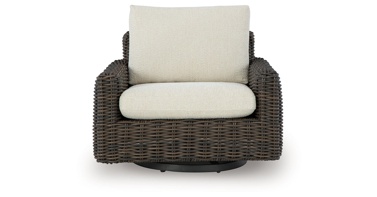 Kimora Beige/Dark Brown Outdoor Swivel Lounge Chair from Ashley Furniture - Luna Furniture