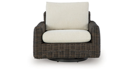 Kimora Beige/Dark Brown Outdoor Swivel Lounge Chair from Ashley Furniture - Luna Furniture