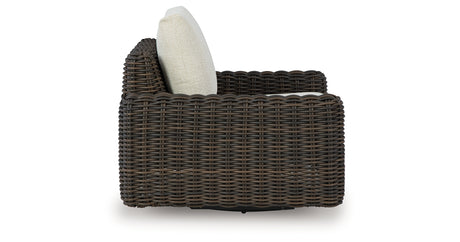 Kimora Beige/Dark Brown Outdoor Swivel Lounge Chair from Ashley Furniture - Luna Furniture