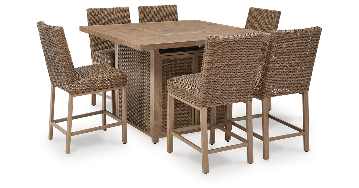 Walton Bridge Outdoor Fire Pit Table and 6 Barstools in Driftwood from Ashley Furniture - Luna Furniture