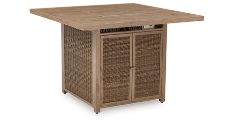 Walton Bridge Driftwood Outdoor Bar Table with Fire Pit from Ashley Furniture - Luna Furniture