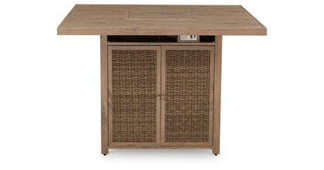 Walton Bridge Driftwood Outdoor Bar Table with Fire Pit from Ashley Furniture - Luna Furniture