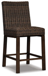 Paradise Trail Medium Brown Outdoor Counter Height Dining Table with 6 Barstools from Ashley Furniture - Luna Furniture