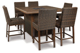 Paradise Trail Medium Brown Outdoor Bar Fire Pit Table with 6 Barstools from Ashley - Luna Furniture