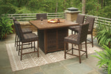 Paradise Trail Medium Brown Outdoor Bar Fire Pit Table with 6 Barstools from Ashley - Luna Furniture