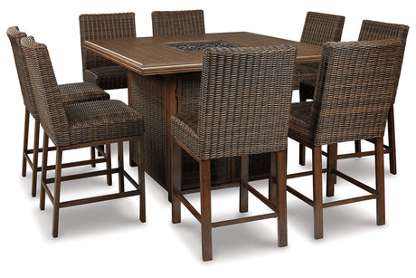 Paradise Trail Medium Brown Outdoor Counter Height Dining Table with 6 Barstools