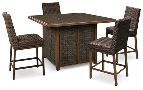 Paradise Trail Medium Brown Outdoor Counter Height Dining Table with 4 Barstools from Ashley Furniture - Luna Furniture