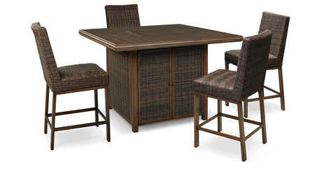 Paradise Trail Medium Brown Outdoor Counter Height Dining Table with 4 Barstools from Ashley Furniture - Luna Furniture