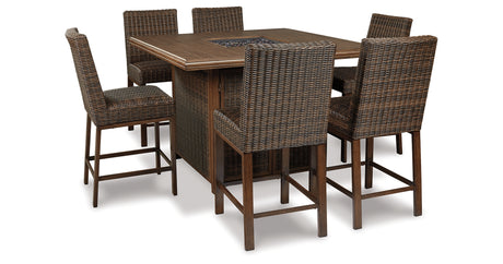 Paradise Trail Medium Brown Outdoor Bar Fire Pit Table with 6 Barstools from Ashley Furniture - Luna Furniture