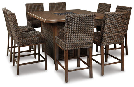 Paradise Trail Medium Brown Outdoor Counter Height Dining Table with 6 Barstools from Ashley Furniture - Luna Furniture