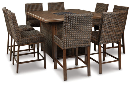 Paradise Trail Medium Brown Outdoor Counter Height Dining Table with 6 Barstools from Ashley Furniture - Luna Furniture