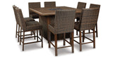 Paradise Trail Medium Brown Outdoor Counter Height Dining Table with 6 Barstools from Ashley Furniture - Luna Furniture