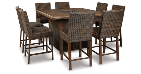 Paradise Trail Medium Brown Outdoor Counter Height Dining Table with 6 Barstools from Ashley Furniture - Luna Furniture