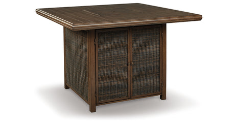 Paradise Trail Medium Brown Outdoor Counter Height Dining Table with 6 Barstools from Ashley Furniture - Luna Furniture