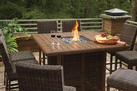 Paradise Trail Medium Brown Outdoor Counter Height Dining Table with 6 Barstools from Ashley Furniture - Luna Furniture