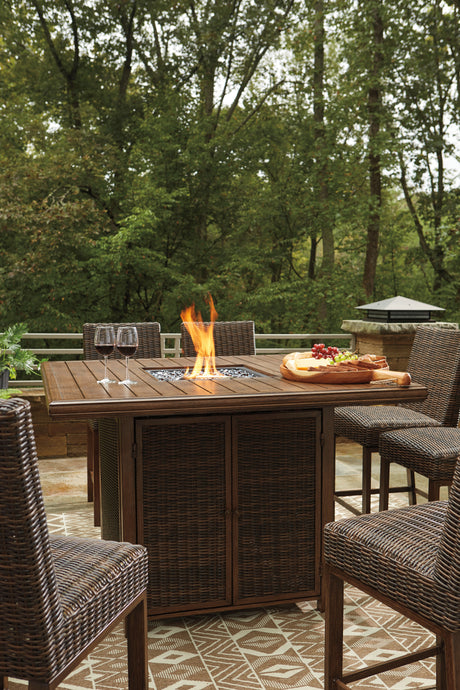 Paradise Trail Medium Brown Outdoor Counter Height Dining Table with 6 Barstools from Ashley Furniture - Luna Furniture