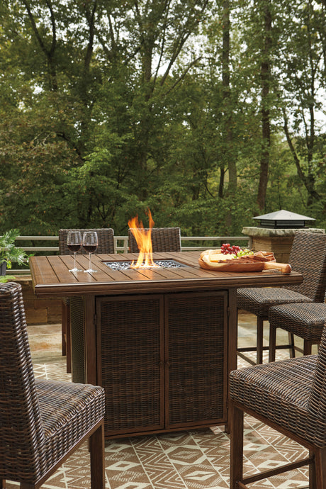 Paradise Trail Medium Brown Outdoor Bar Fire Pit Table with 6 Barstools from Ashley - Luna Furniture
