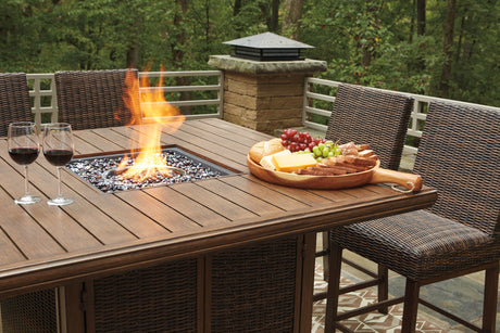 Paradise Trail Medium Brown Outdoor Counter Height Dining Table with 6 Barstools from Ashley Furniture - Luna Furniture