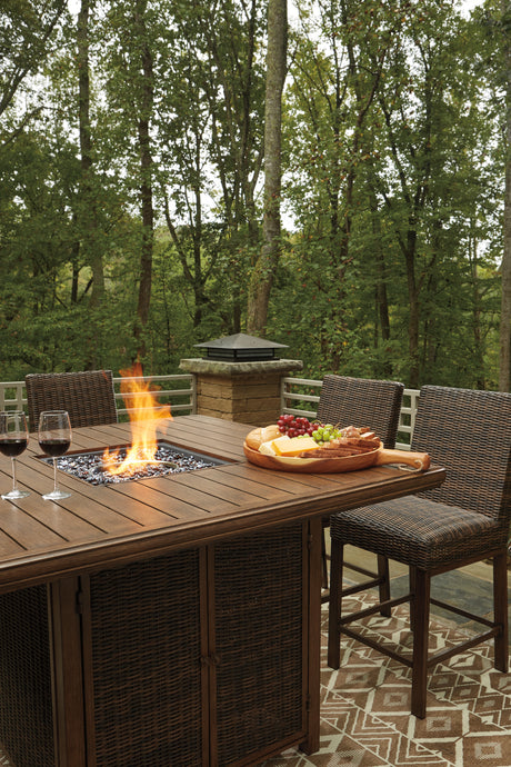 Paradise Trail Medium Brown Outdoor Counter Height Dining Table with 6 Barstools from Ashley Furniture - Luna Furniture