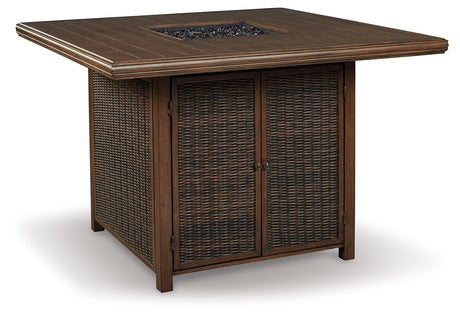 Paradise Trail Medium Brown Outdoor Counter Height Dining Table with 6 Barstools from Ashley Furniture - Luna Furniture